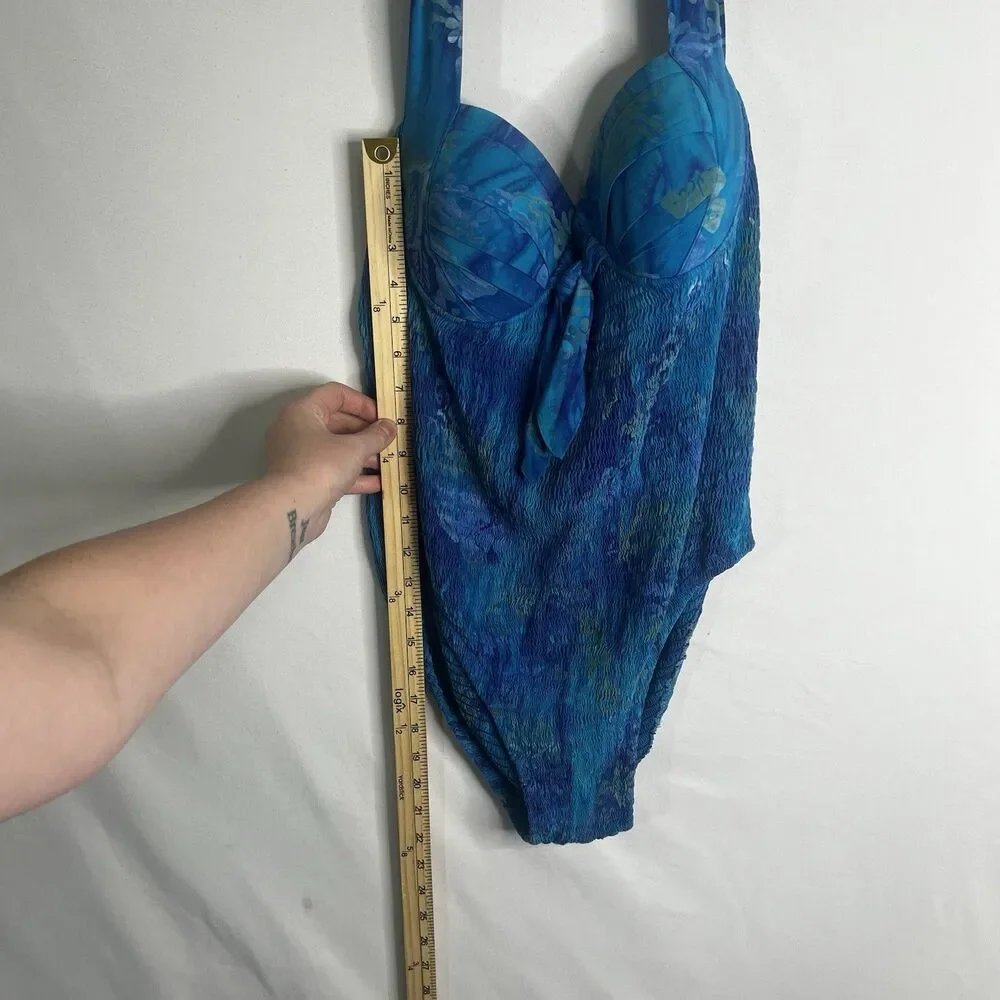 Vintage Ruby’s Moods Swimsuit Womens Sz L Blue Watercolor Pinup 90s Smocked